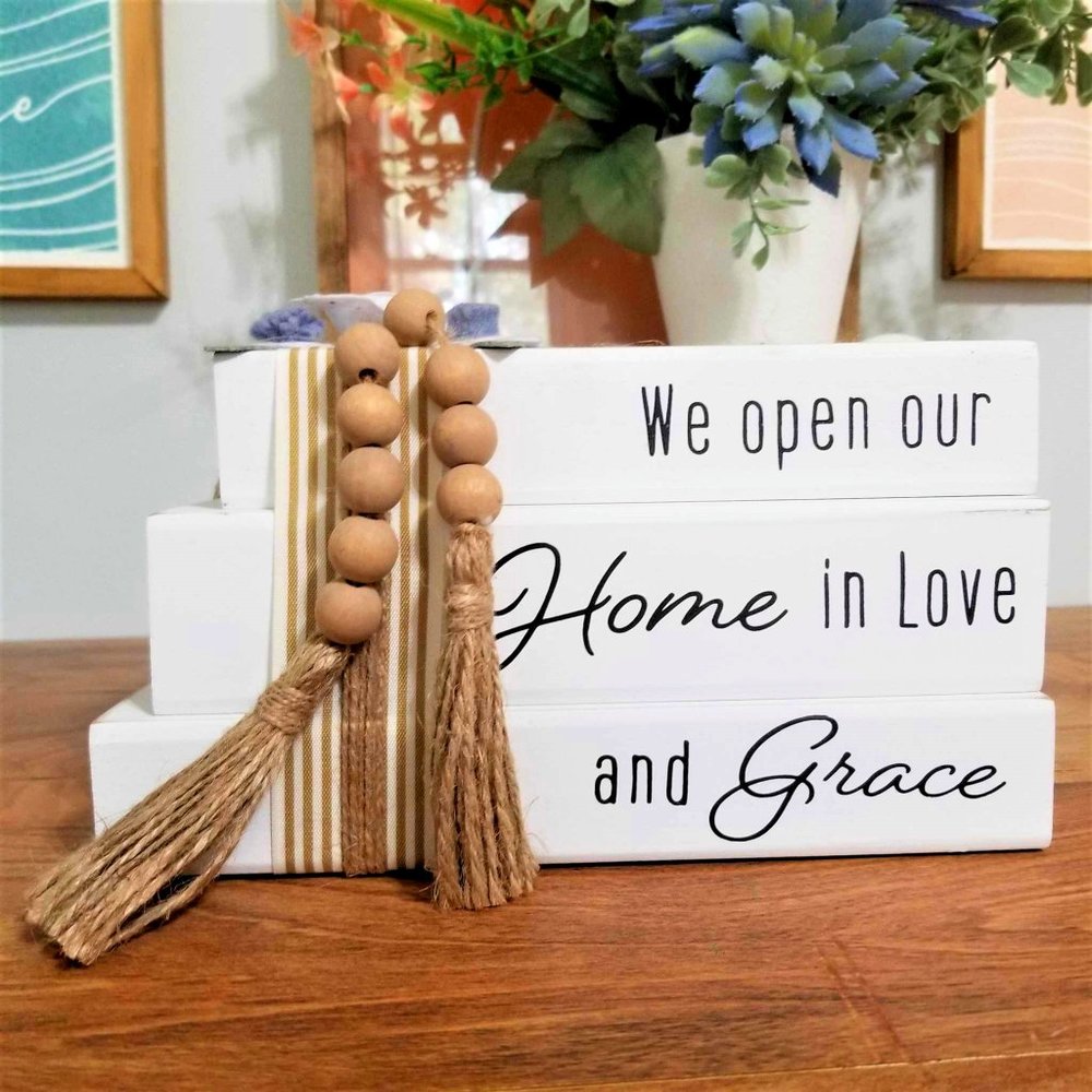 Wood Sign, Home Décor. "We Open Our Home in Love & Grace". Beaded. Jute Tassel.